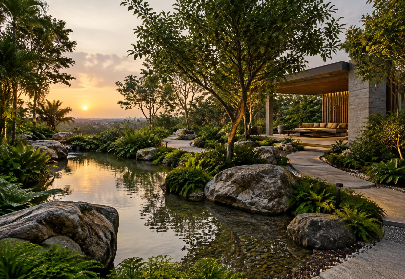 Private park with stone, water and lush tropical planting